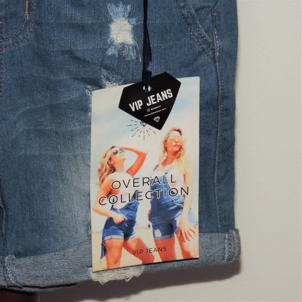 V.I.P. Jeans distressed/destroyed stretch denim shortalls/bib overall shorts - Picture 2 of 4